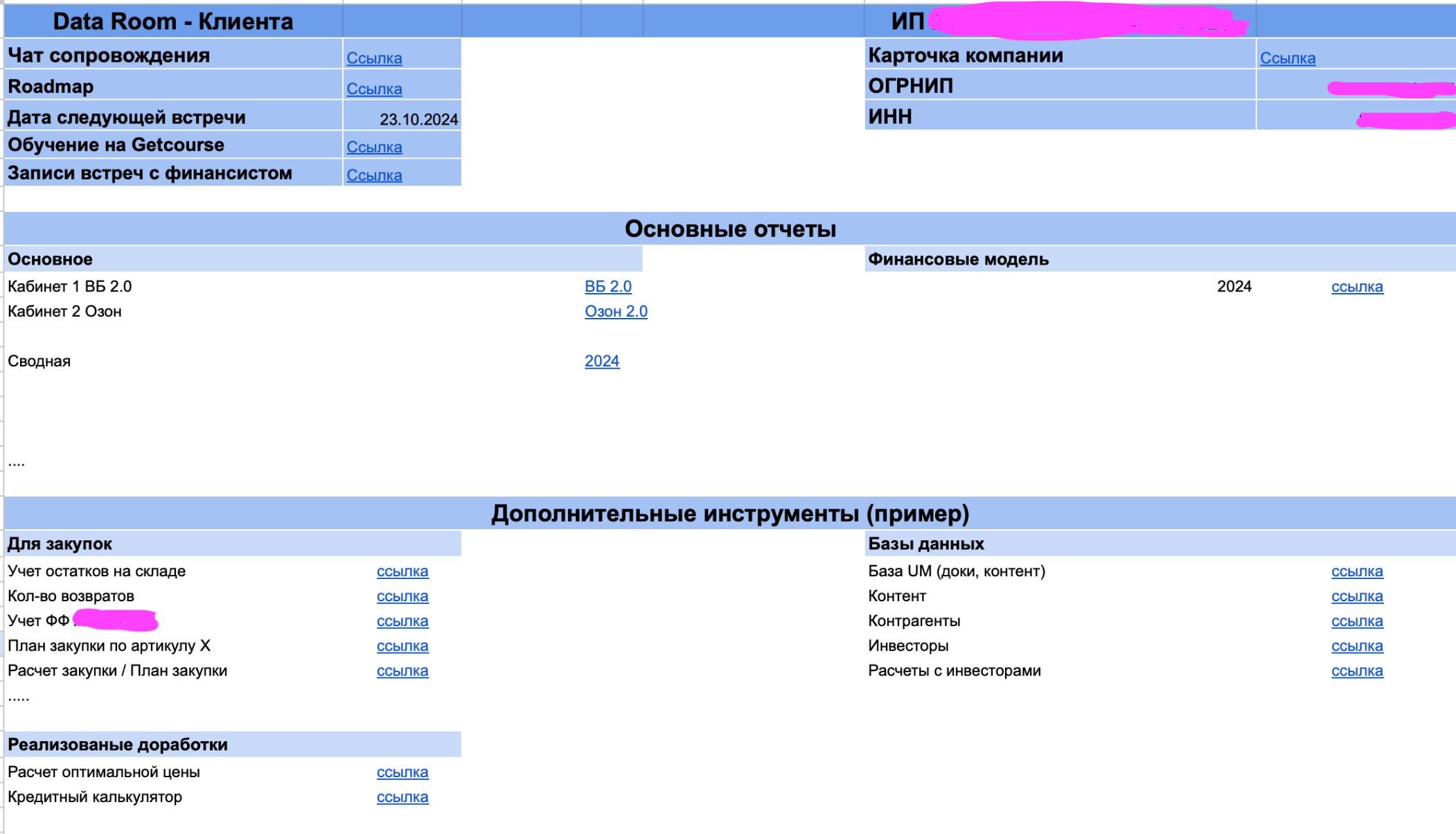 Пример Data-room клиента, где собраны все основные отчетности его бизнеса